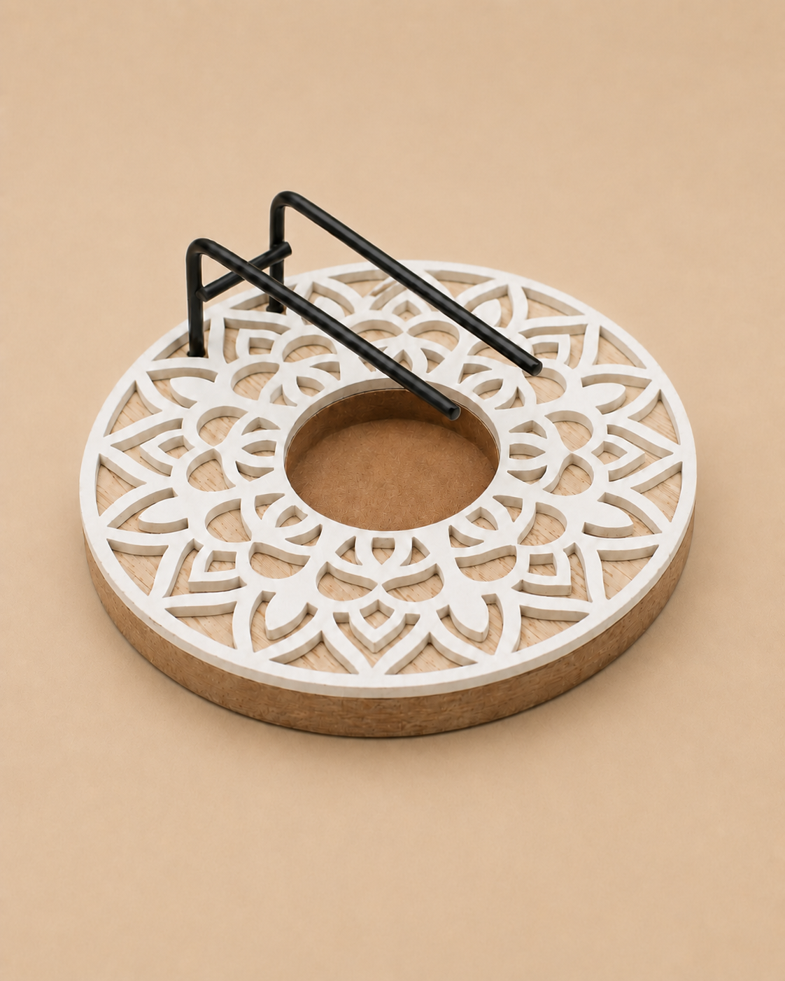 Quemador de madera con soporte metálico oval