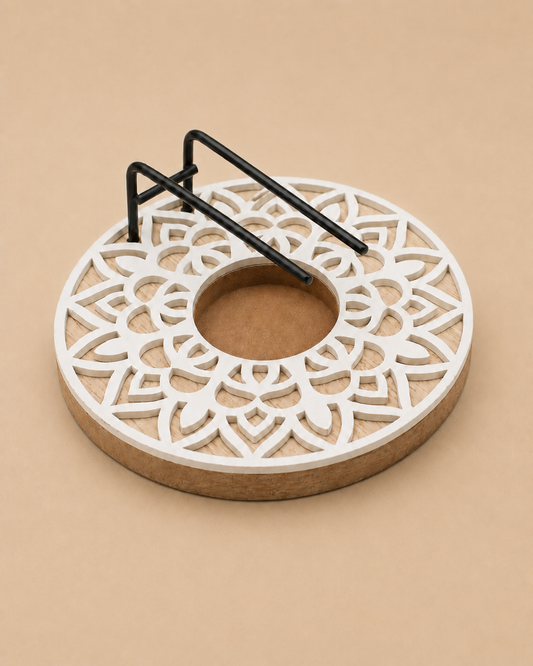 Quemador de madera con soporte metálico oval