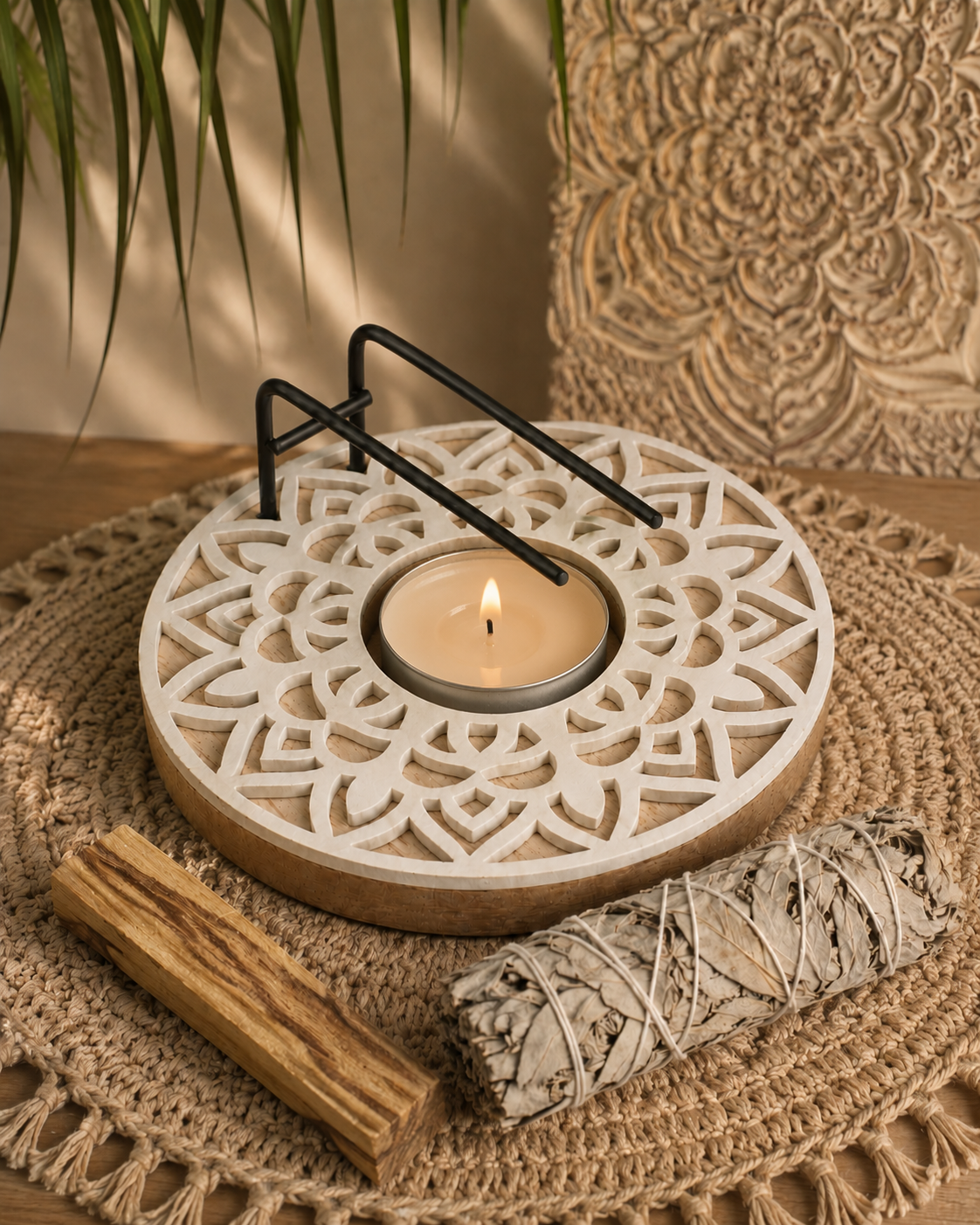 Quemador de madera con soporte metálico oval